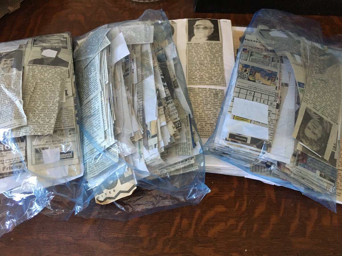 LorineMS's tweet photo. Librarians, archivists -- can you advise? I was sent a very large collection of obits (with a second larger box on its way) What is best way to catalogue these? I will eventually want to put them online #Digitizing #ArchivalProject #Genealogy https://t.co/FatAynvZkp