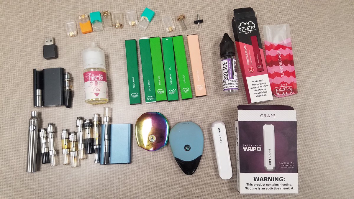 SteveCurryMD's tweet photo. Have yet another pt with vaping-severe lung injury/resp failure/hemoptysis. Was using nicotine &amp; THC products. This was just what was found with pt from most recent use. You can see why there is a lot to sort out when seeking causation. (Used with permission.)
@MedToxFellowshp https://t.co/un7qPO3fg2