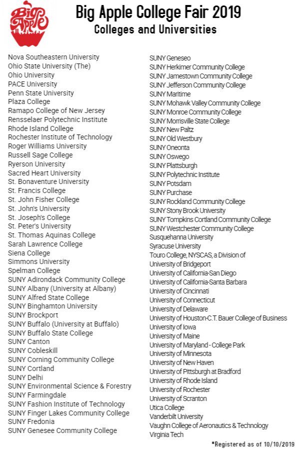 List of College and Universities that will be at the 2019 Big Apple College Fair. This list is has College and universities who have registered since October 10, 2019. Come out and meet with representatives of all these Colleges and Universities. #collegeselection #reachhigher