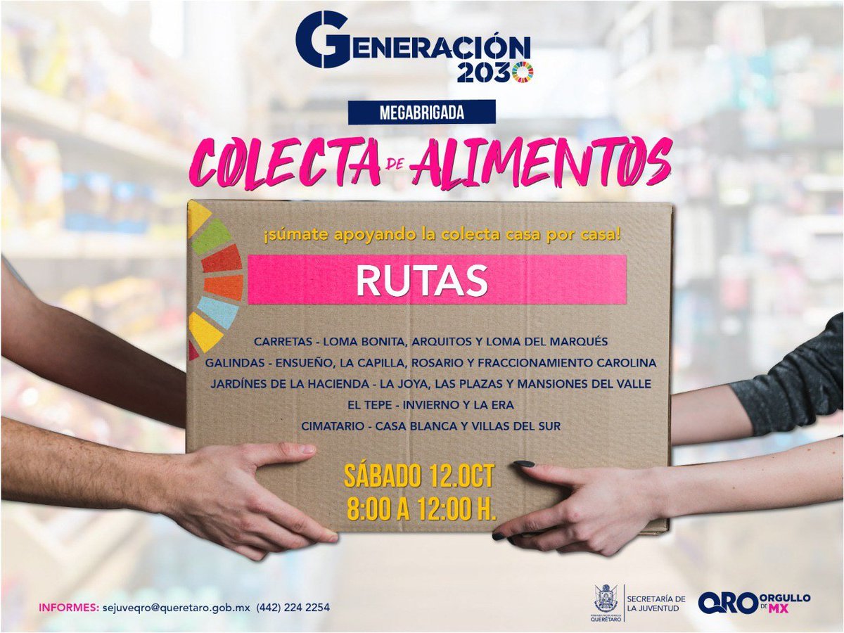 SejuveQro's tweet photo. ⚠️¡Únete mañana a la #MegaBrigada👉Colecta de Alimentos!🍴
Aquí te dejamos las rutas🏃♂️🏃♀️y la hora⌚️
Recuerda, durante todo este mes la #Sejuve funcionará como centro de acopio♻️👍
Importante traer alimentos no perecederos.
#Generación2030 #GeneraCambio https://t.co/a1ZLIh3Shz