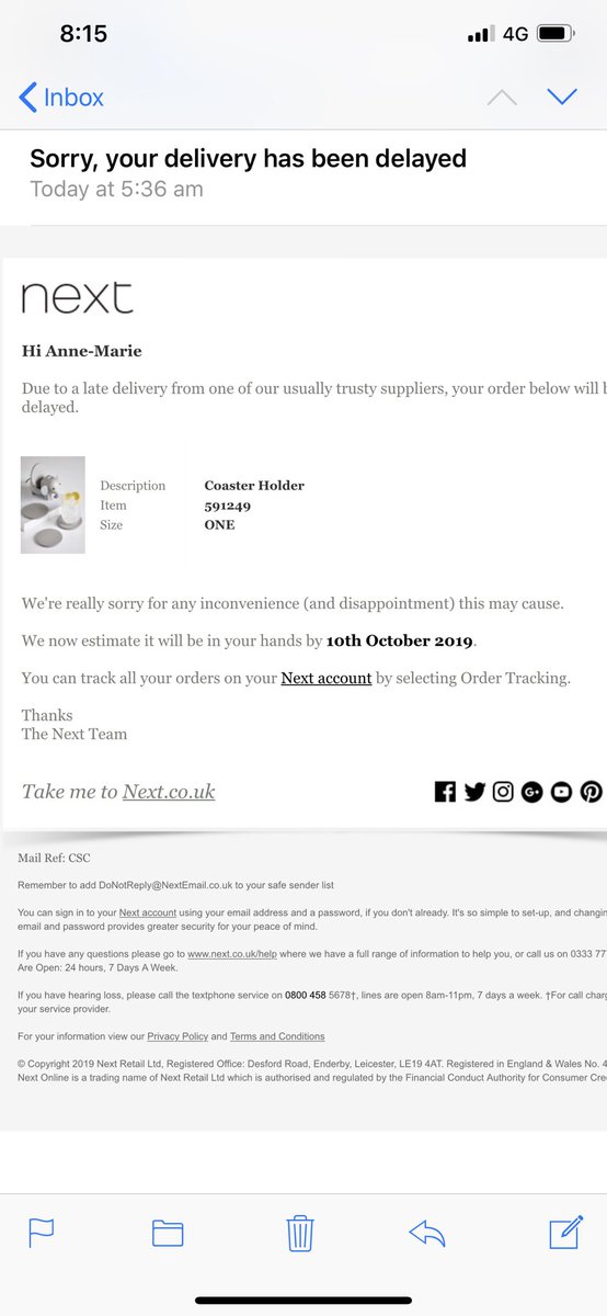 diddle1503's tweet photo. @nextofficial Ordered in August, Recieved this email today 11.10.2019. Your estimate is clearly wrong..... https://t.co/Z1uEStwAXk