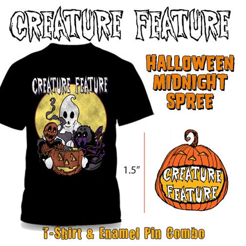 Happy Halloween Fiends!  The brand new Limited Edition Creature Feature Halloween ’Midnight Spree’ t-shirt and enamel pin combos are now available in the official online store: creaturefeatureshop.com