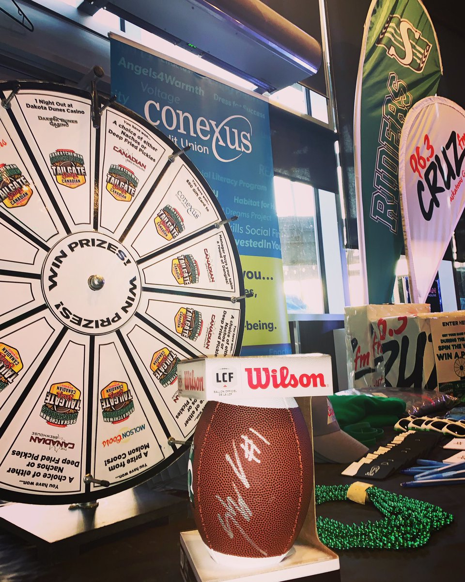 963CruzFM's tweet photo. Come watch the @sskroughriders game with us and @MolsonCoors at @TheCDNBrewhouse to win a #1 Shaq Evans signed football! Prizes from @Conexus_CU and @DakotaDunesSIGA . Get here for Game Time at 7:30. Go Riders! #tailgateseries https://t.co/1c2uylcx25