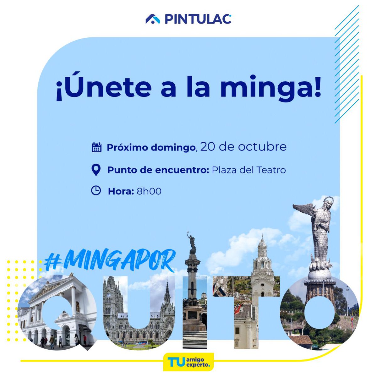 Pasa la voz 📣 Cambiamos la #MingaPorQuito al domingo 20 de octubre, ¡únete y ven a la Plaza del Teatro!, juntos trabajaremos para recuperar nuestro centro histórico 💪🏼. Gracias <a href="/pinturas_unidas/">Pinturas Unidas</a> <a href="/pintuco_oficial/">Pintuco®</a> @pinturaswesco <a href="/nissanecuador/">NISSAN ECUADOR</a> #Tigre <a href="/PinturasMonto/">Pinturas Monto</a> @MingaPorQuito