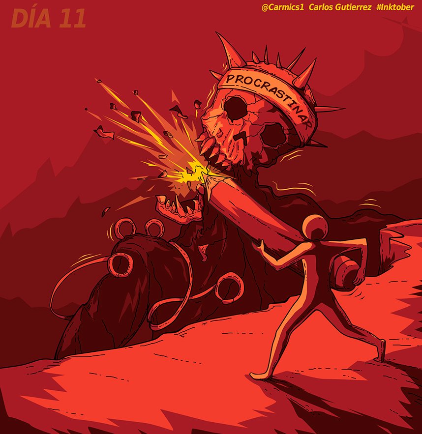 carmics1's tweet photo. Día 11 del #Inktober 
Procrastinar puede ser peor de lo que se piensa, y muchos no lo saben. 
#Inktoberday11 #Inktober2019 #digitalart #artwork #illustrator #comics #carmics #inkdrawing #comic #death #dark https://t.co/dJX3aXNaRU