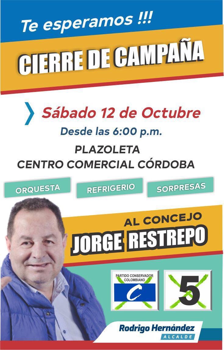JORGERESTREPOZ's tweet photo. #JorgeRestrepo candidato al Concejo de Rionegro C-5⃣ 

Los invito mañana al cierre de campaña, tendremos orquesta, sorpresas, refrigerio y un rato muy agradable.

Los espero.

@Rodrigohal Rodrigo Hernandez - Alcalde

C-5 Jorge Restrepo Experiencia y Conocimiento https://t.co/lbn9mxdT05