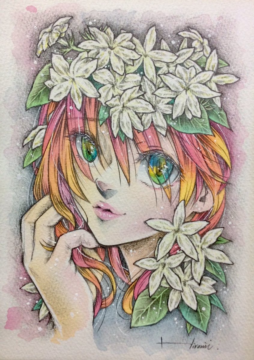 Hiro兄 茉莉花 ジャスミン 白 White Jasmine 愛らしさ 温順 柔和 オリジナルイラスト イラスト 絵 女性画 水彩画 透明水彩 花言葉 Drawing Illustration Watercolor Watercolorpainting Pencildrawing Pencilpainting