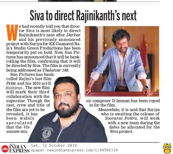 thala_speaks's tweet photo. TODAY NEWS
Rajini's Next with Siva grabbed by Sun Pictures !!-#DecaanChronicle
சிவா இயக்கத்தில் ரஜினி காந்த் - #DailyThanthi
Siva to direct Rajinikanth's Next - #IndExp
@directorsiva
@sunpictures
@Rajni_FC
#Thalaivar168
#Thalaivar168BySunPictures https://t.co/viv9igF2df