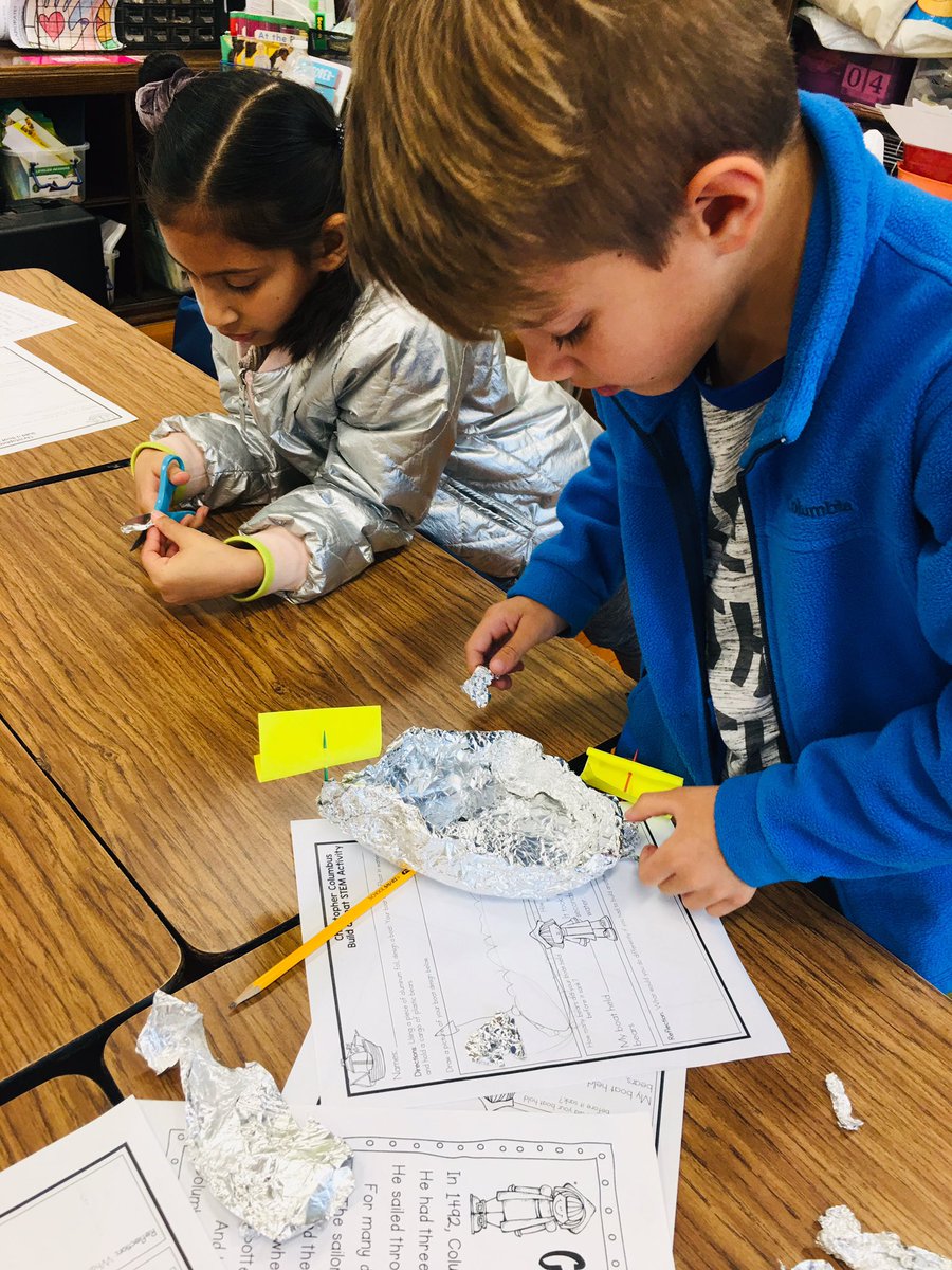 MsTattoli's tweet photo. In honor of Columbus Day, Room 203โs STEAM Challenge this Friday was to plan a design and build a boat using only six sheets of aluminum foil, two toothpicks, and two post-its! Testing them out Monday! #WEEworktogether https://t.co/vpZszrNJ96
