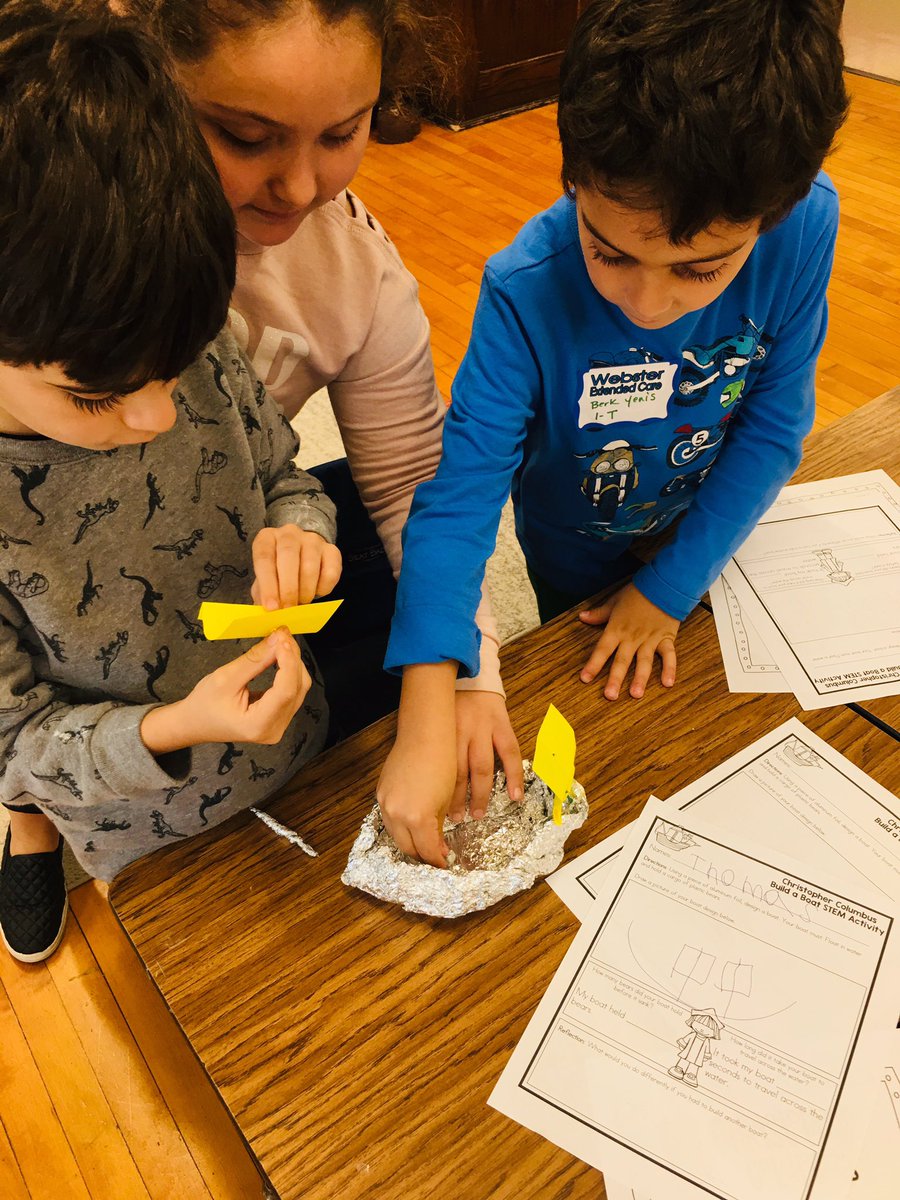 MsTattoli's tweet photo. In honor of Columbus Day, Room 203โs STEAM Challenge this Friday was to plan a design and build a boat using only six sheets of aluminum foil, two toothpicks, and two post-its! Testing them out Monday! #WEEworktogether https://t.co/vpZszrNJ96
