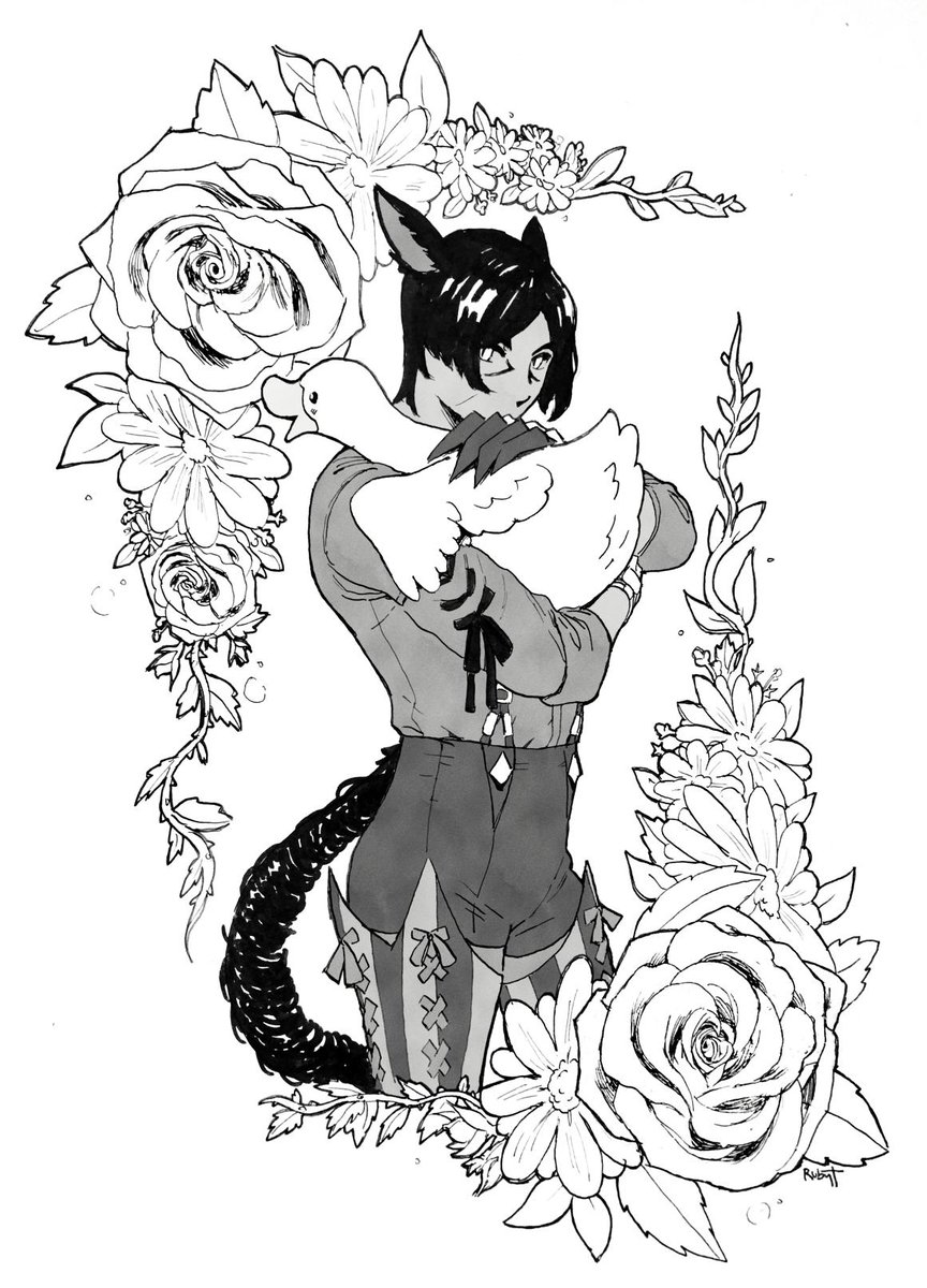 #inktober day 11, my ff14 cat boy rinny selk and his pet duck i decided he has #inktober2019 