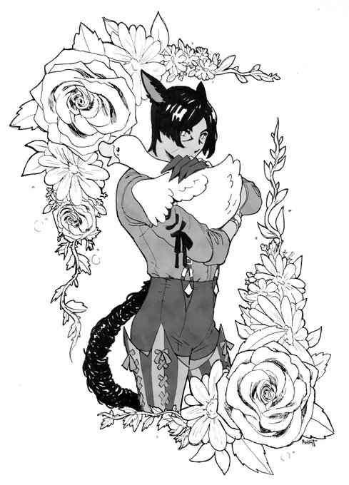 #inktober day 11, my ff14 cat boy rinny selk and his pet duck i decided he has #inktober2019 