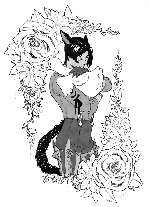 #inktober day 11, my ff14 cat boy rinny selk and his pet duck i decided he has #inktober2019 
