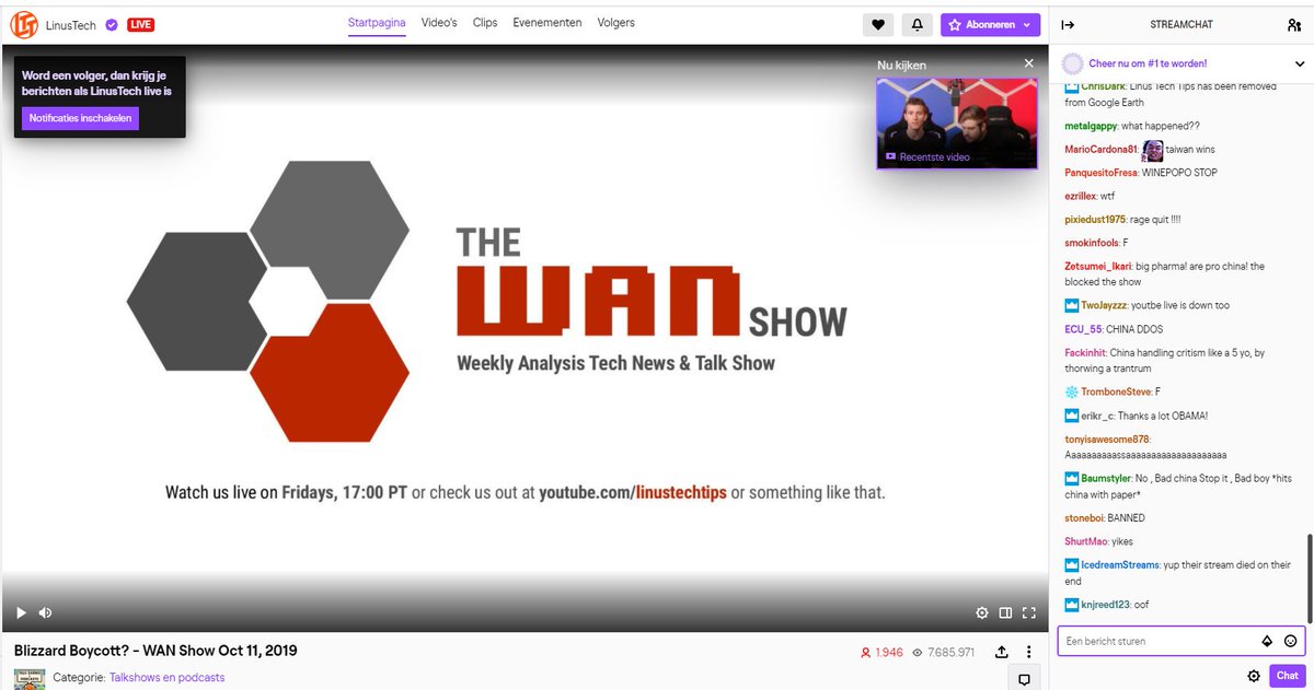 deuZige's tweet photo. #wanshow #linus #twitch #banned Wan show cut off mid live stream while discussing #BlizzardGate Coincidence? Many in the chat immediately yell conspiracy! (twitch=tencent=china) https://t.co/cAIdULDNZt