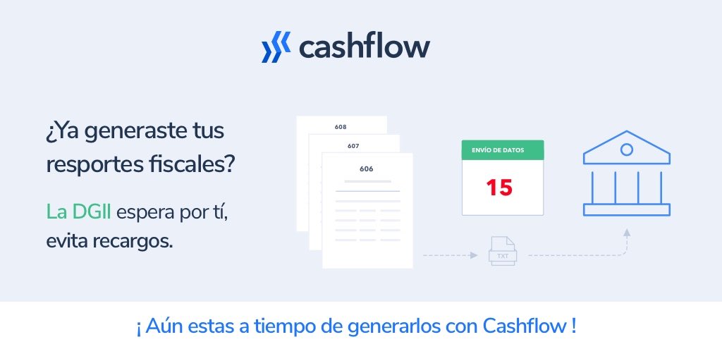 Cashflowdo's tweet photo. ¡Evita pagar recargos a la @DGii y genera de manera rápida y fácil tus reportes 606, 607 y 608 con Cashflow! 

#CashflowDo #DGII #impuestos #reportesfiscales #Actualidad #AvisoDGII https://t.co/pAznuMOrUe