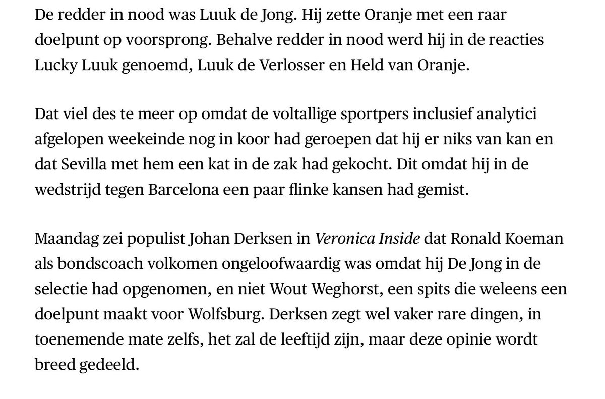 voshans's tweet photo. #Luukinho is alles wat Luuk de Jong niet is, maar er blijft genoeg over.
Zoals een hรฉle voetbalcolumn van @PaulOnkenhout in @volkskrant.
#LuukdeJong #Oranje
#NEDNIR #Ajax #PSV https://t.co/woZnm7otqR