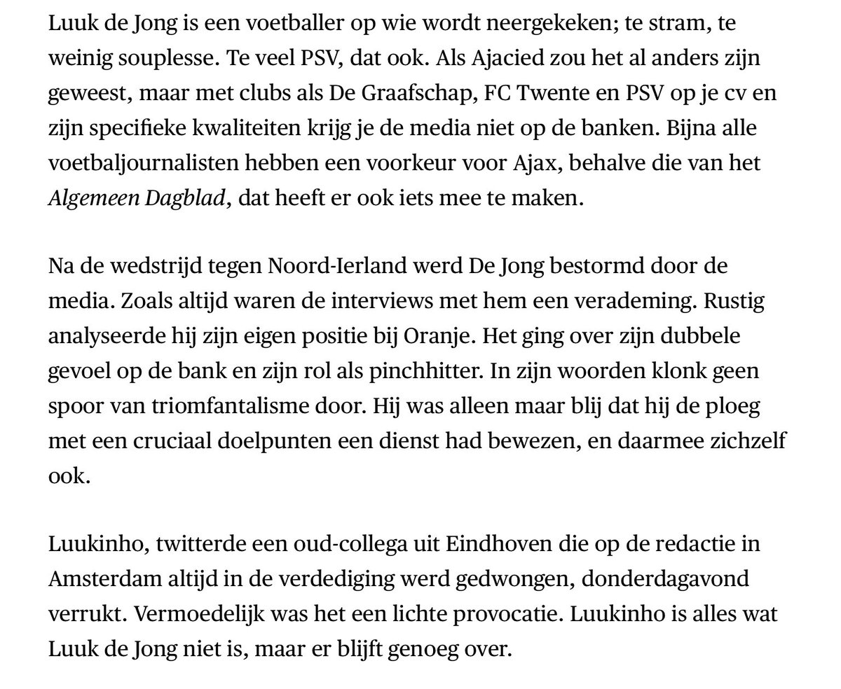 voshans's tweet photo. #Luukinho is alles wat Luuk de Jong niet is, maar er blijft genoeg over.
Zoals een hรฉle voetbalcolumn van @PaulOnkenhout in @volkskrant.
#LuukdeJong #Oranje
#NEDNIR #Ajax #PSV https://t.co/woZnm7otqR