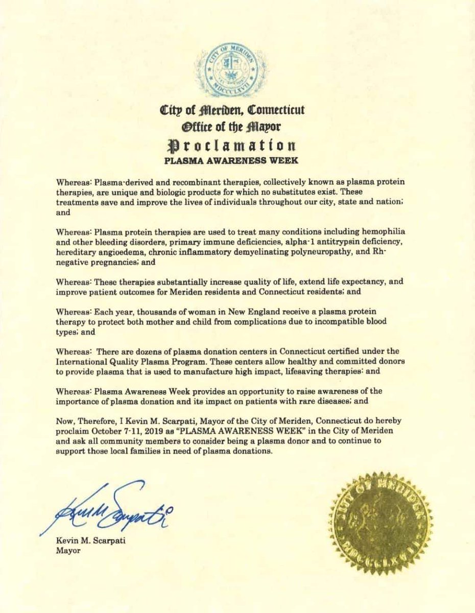immunedeficienC's tweet photo. Here’s to 8-year-old #idfcommunity member Jeshua, who helped to get the Mayor of the City of Meriden, CT to proclaim October 7-11, 2019 as Plasma Awareness Week! #IPAW2019 https://t.co/C7bHpbxuoY