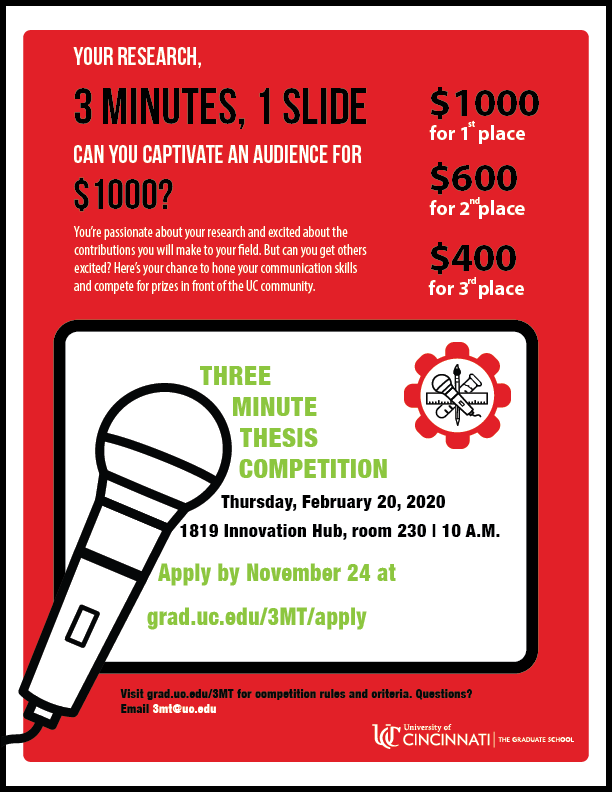 GradCollegeUC's tweet photo. To win the Three Minute Thesis (3MT) competition, students must captivate a non-expert audience with their research in only 3 minutes &amp; with 1 slide. Got what it takes to win $1,000?! Apply now to compete in this academic competition for grad students! https://t.co/EjO9yaPpL5 https://t.co/xTgKTDsfip