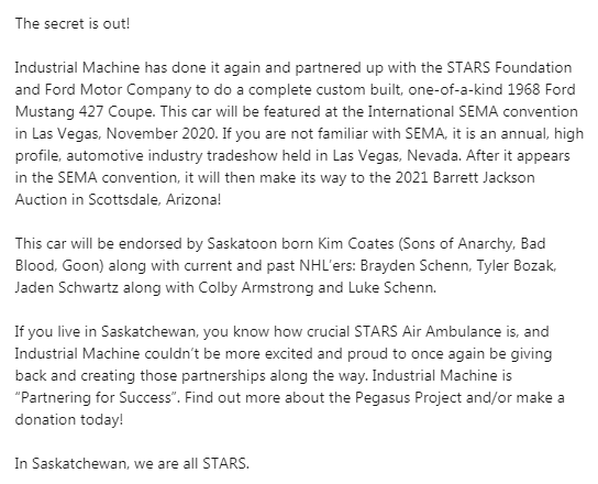 ind_mac's tweet photo. The secret is out! Read about it ⬇️
#IndustrialMachine #Manufacturing #PartneringForSuccess #STARSAirAmbulance #StarsFoundation #GivingBack #YXE #CustomRebuild #Mustang #FordMotorCompany #Ford #Fastback #SEMA
@PegasusforSTARS https://t.co/tpBRB2dlM0
