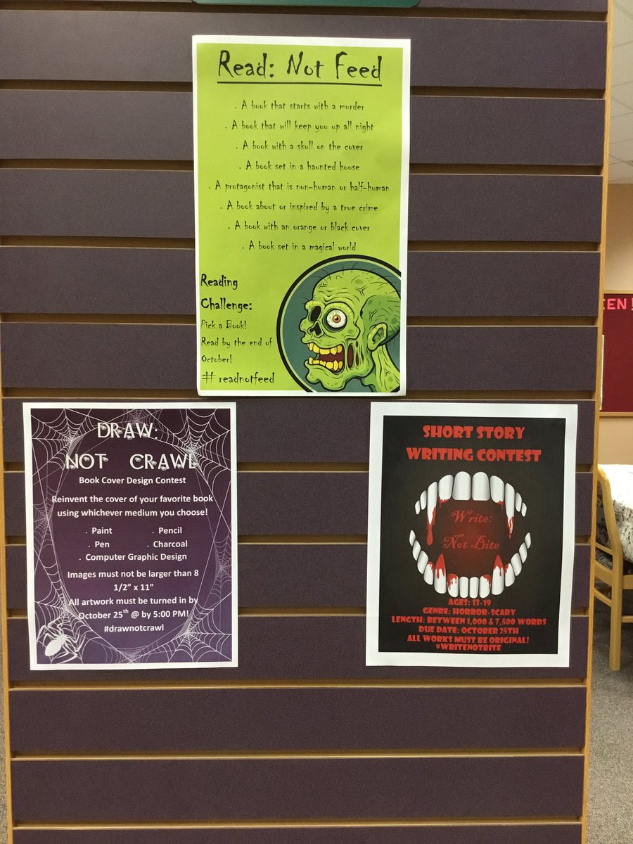 TnLibrary's tweet photo. October is time for our teens to shine with TeenTober!! 
This month we are issuing a reading challenge, and offering a writing contest and an art contest!! For more info, contact Mallory @ 731-925-4314#teentober #Halloween #writing #reading #art https://t.co/Fqgej4lOKB