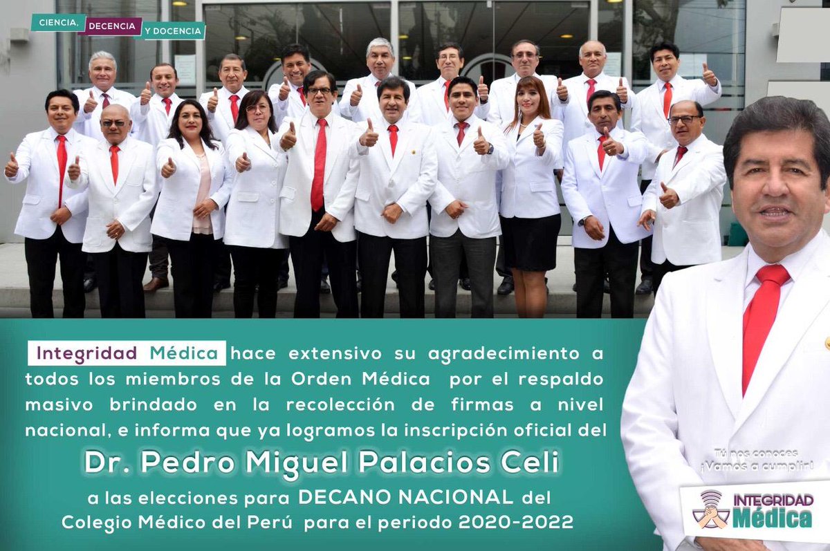 IntegridadMedik's tweet photo. Estimados Colegas, informamos que nuestra lista #IntegridadMédica logró la inscripción oficial del Dr. Pedro Miguel Palacios Celi a las elecciones para Decano Nacional del CMP, periodo 2020-2021.   Muchas gracias por su valioso apoyo! #Intégrate a #IM. https://t.co/oRO6hutMlp