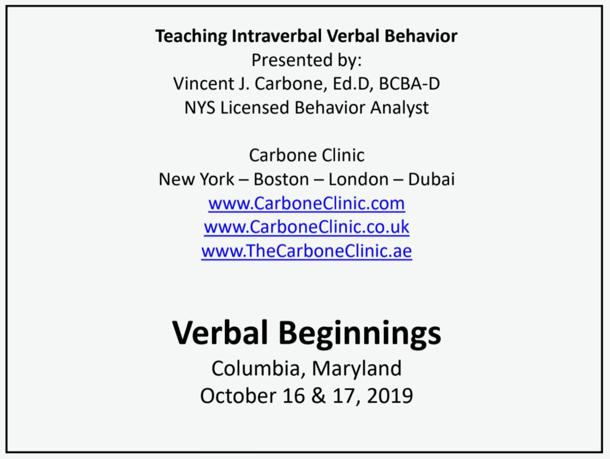 V_Beginnings's tweet photo. Next week our staff will be welcoming renowned Board Certified Behavior Analyst, Dr. Vincent Carbone, for a 2-day employee-only workshop at our Columbia Center focused on Teaching Intraverbal Verbal Behavior and more. Thanks for all you do VB staff! https://t.co/jrSSEbUyWa