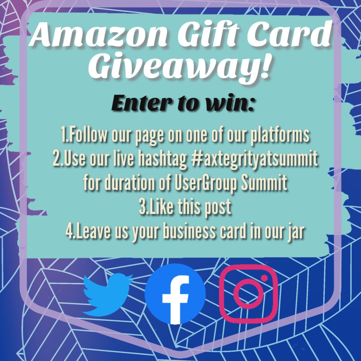 Axtegrity's tweet image. Attending the #UserGroupSummit ? We will be having  an *AMAZON GIFT CARD GIVEAWAY* starting Oct. 15 at booth 339! 
🚫only enter to win once, multiple posts or business cards will not increase chances.
Give away ends Friday, October 18th. 
#axtegrityatsummit #giveaway