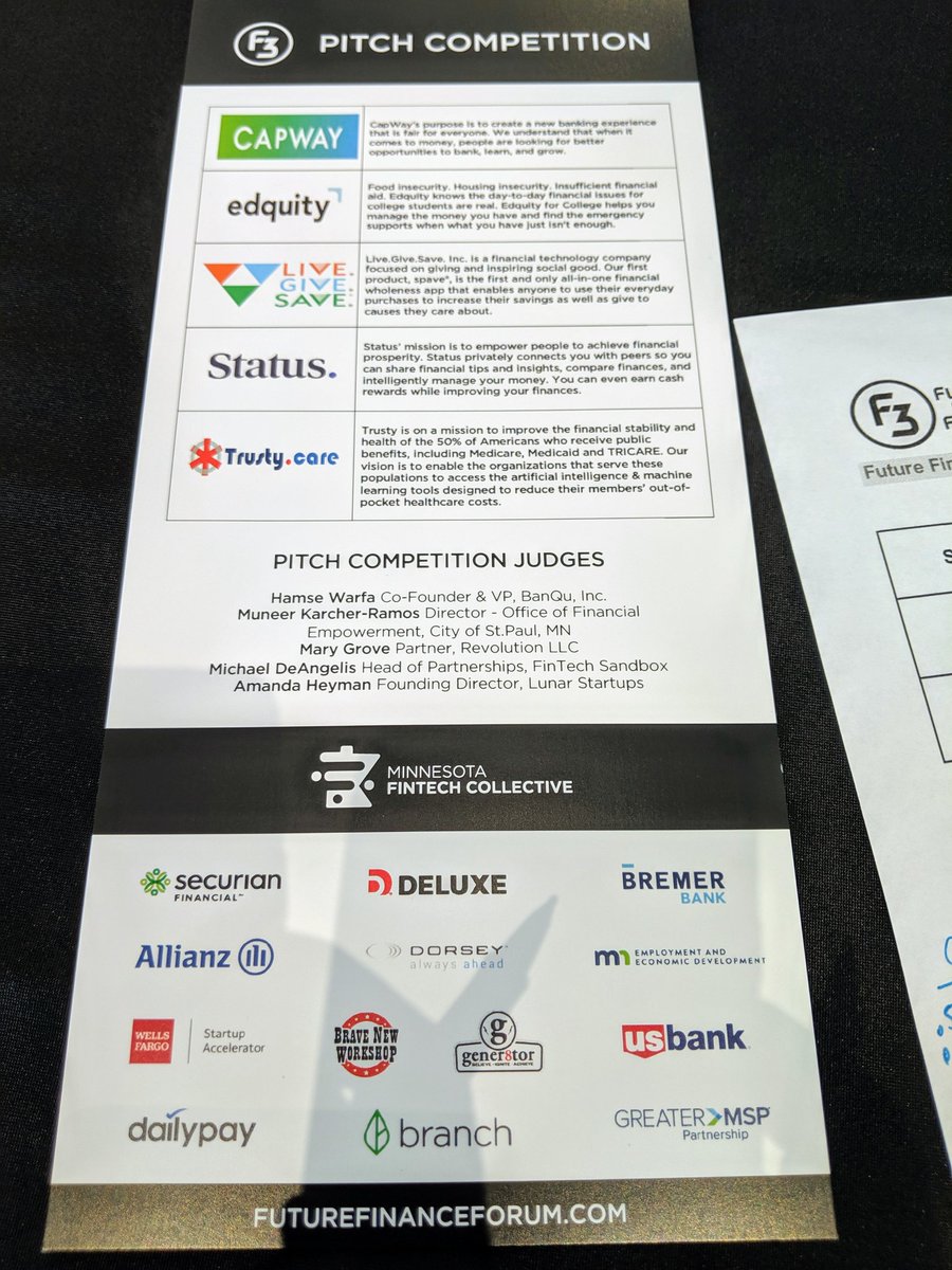 maryGrove's tweet photo. Very impressive lineup of fintech startups at #MNFutureFinance! Our judges deliberation was very tough...stay tuned for @MayorCarter's announcement of the winner! https://t.co/et6rCeD8yO
