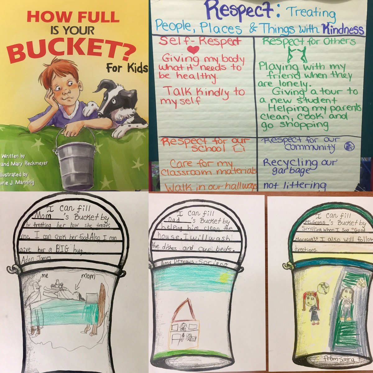 AGr0ss's tweet photo. We decided that Respect Week is EVERY week! As a class, we read How Full is Your Bucket. Afterwards, we defined Respect and then identified different acts of Kindness that show Respect. 
Our buckets are overflowing with Kindness! 🌊 #ResourceRocks #RespectWeek #WhyLP #SEL https://t.co/q1cMrgqt73
