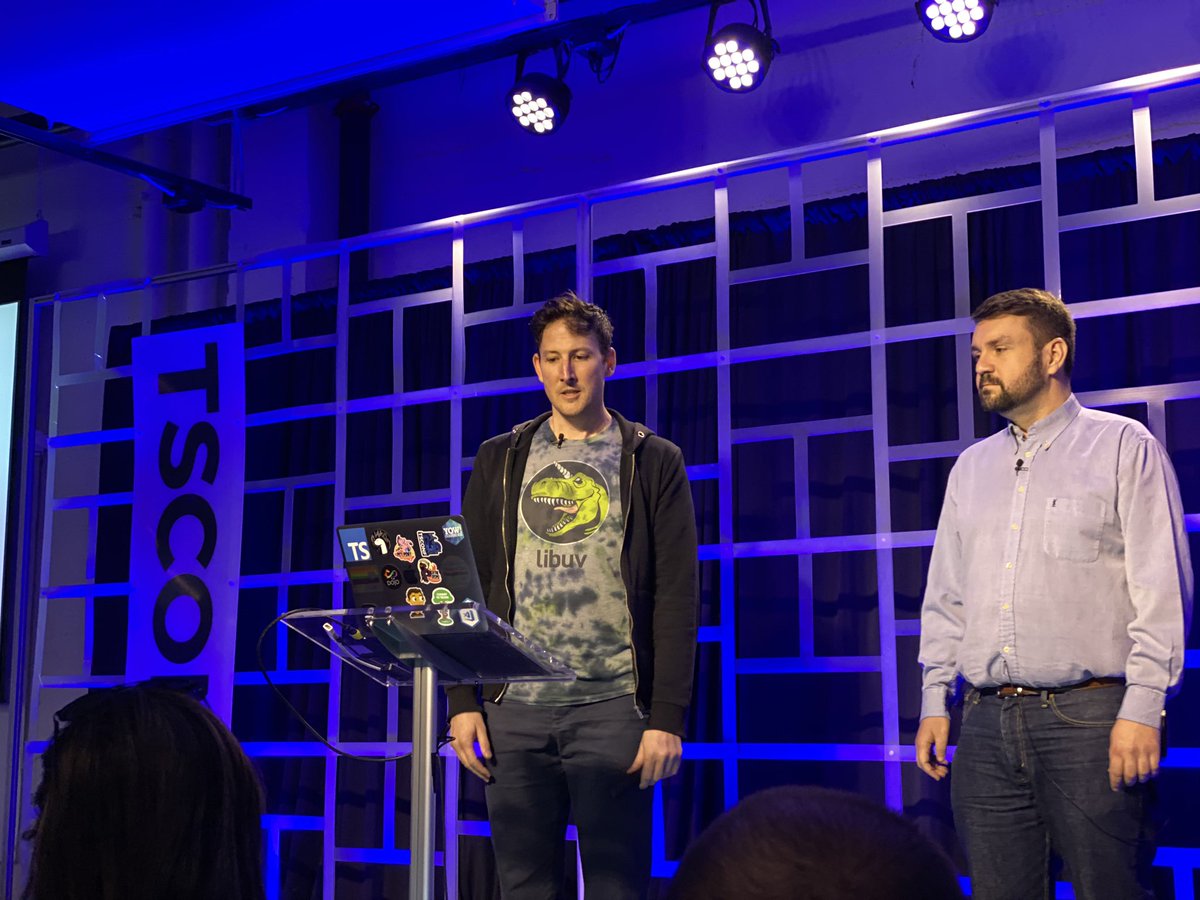 andyfleming's tweet photo. Hearing the latest on https://t.co/QyHX3A2kTk from Ryan Dahl and @kitsonk at #TSConf 2019! #typescript #deno https://t.co/c6WKmdoJeb