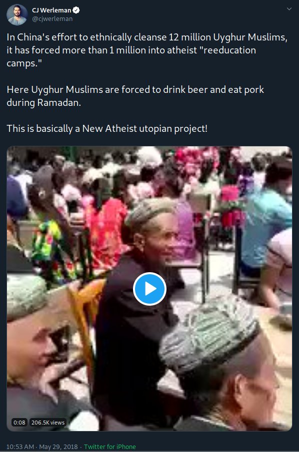 CJ Werleman, who produces very similar disinformation, frequently retweets Arslan. Last year CJ took footage from a celebration and added a sinister "Uyghur Muslims forced to drink beer and eat pork" false caption.