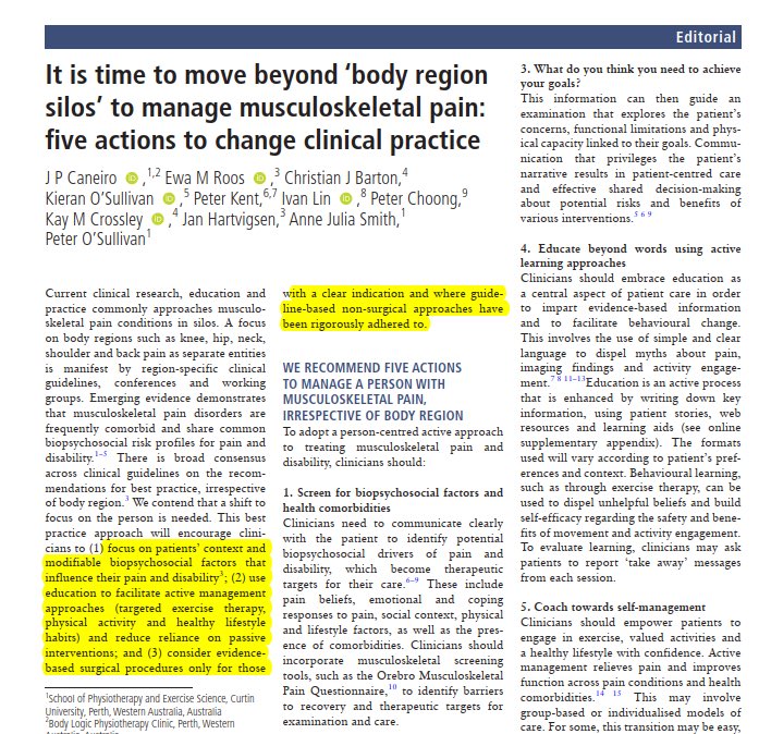 IT’S TIME TO BREAK THE SILOED APPROACH TO MUSCULOSKELETAL PAIN! We recommend 5 ACTIONS to manage a person with pain, irrespective of body region. These actions will guide clinicians to change practice to focus on the person and optimise the value of healthcare provided.