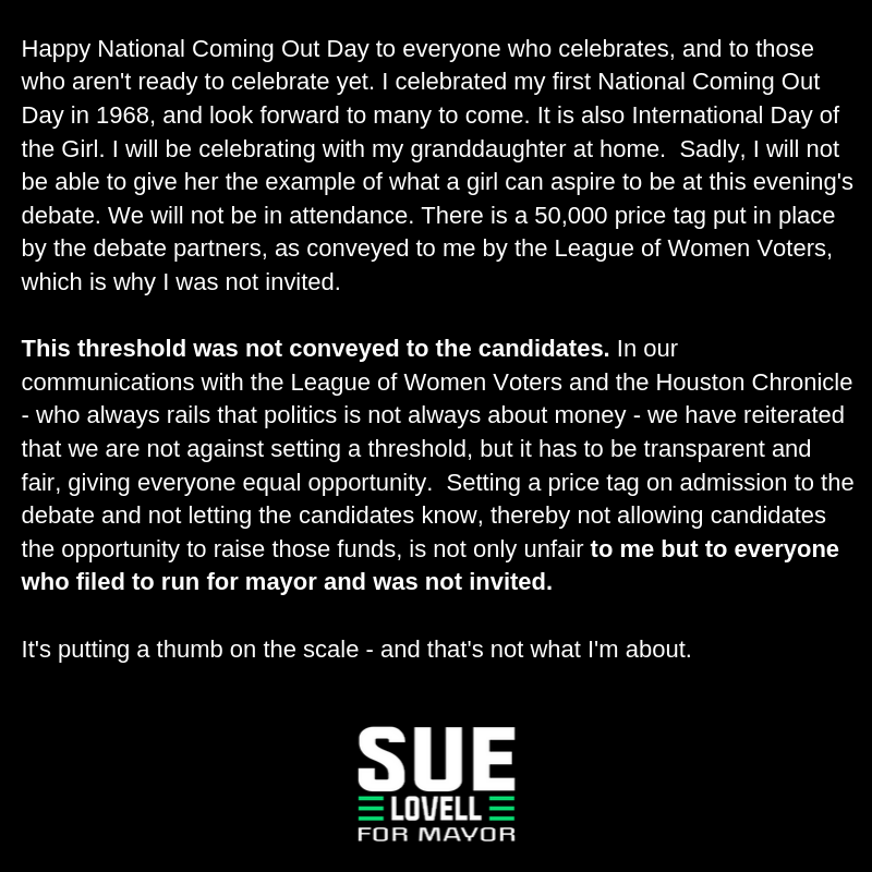 LovellForMayor's tweet photo. #NationalComingOutDay #InternationalDayoftheGirl #Houston #HoustonVotes @LWVHouston, @HoustonChron @KPRC2 @TelemundoHou https://t.co/XptgkztNuX