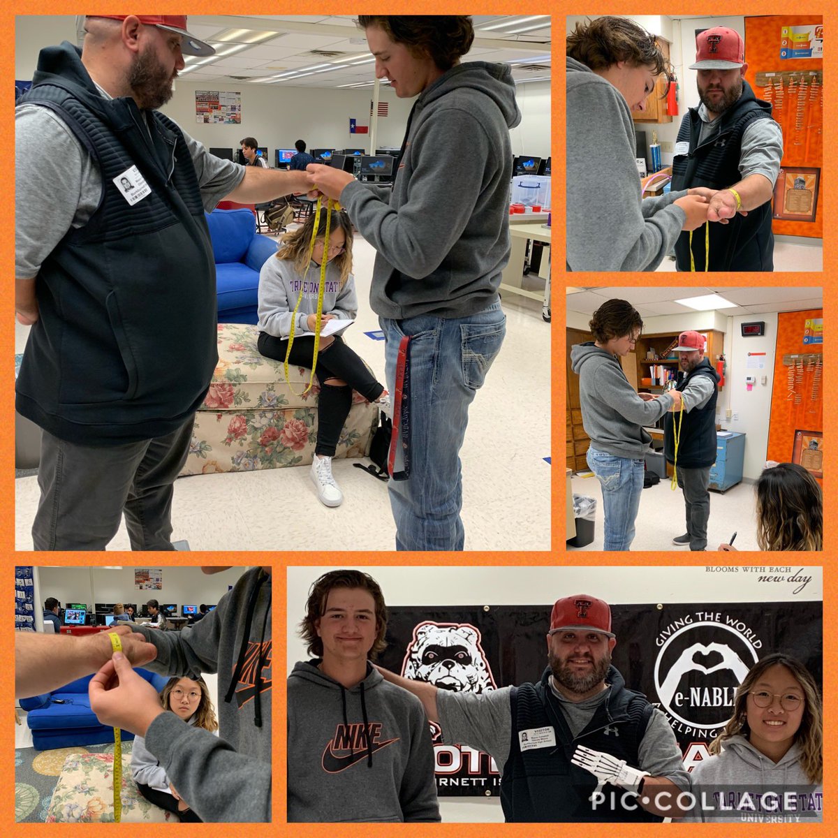 gkmoore68's tweet photo. Brayden and Jennifer with Mason Campbell. Today we started the process of customizing prosthetic hands for Mason by getting measurements. #BHSSTEM  Mason Campbell ⁦@burkburnetths⁩  ⁦@burkburnettisd⁩ @chunter76 https://t.co/a7uYMdI91t