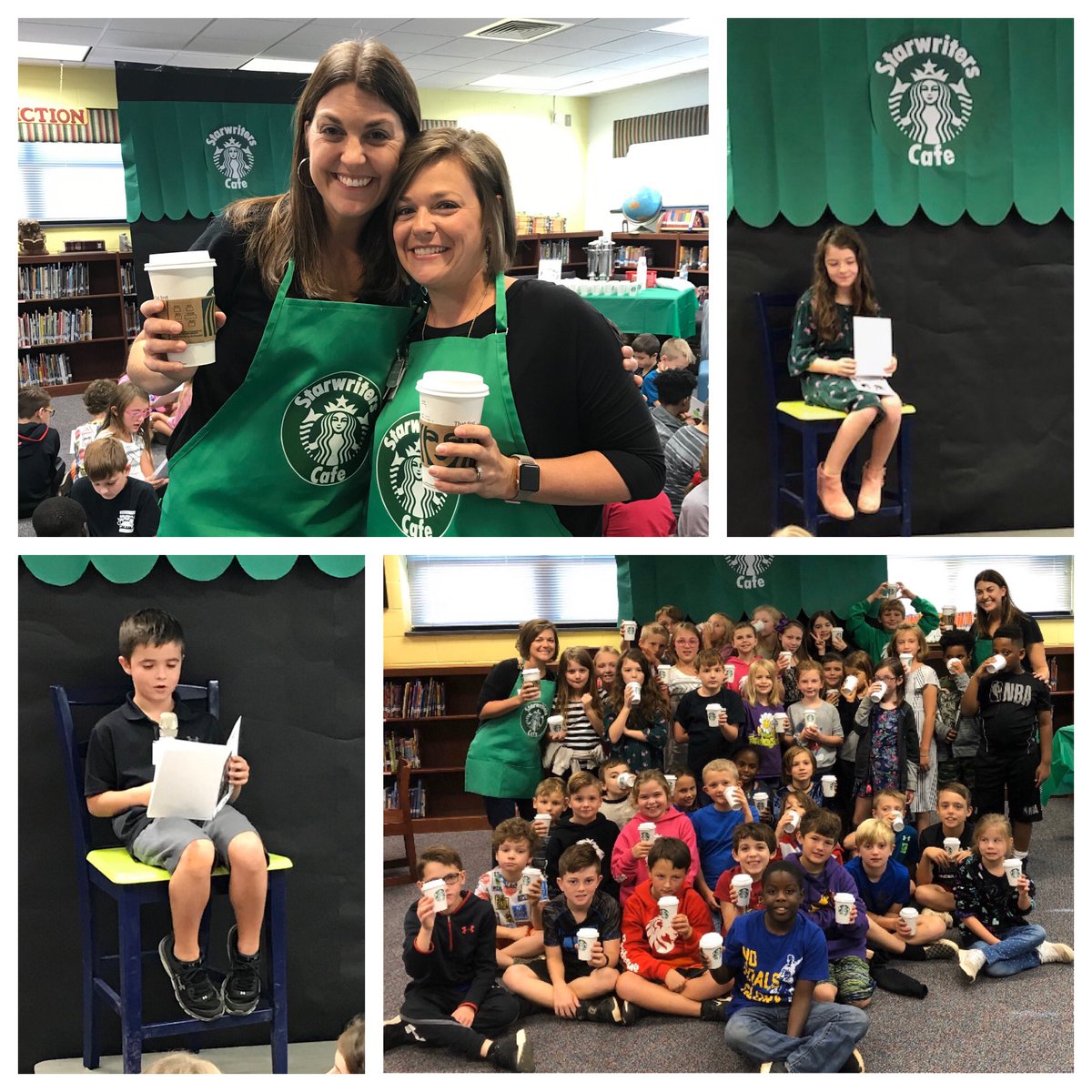 MrsplowdenP's tweet photo. Today we celebrated our narrative writing unit! ☕️ Writers told their stories, drafted, revised, edited, &amp; today shared their words with the world! 📝 Congratulations, authors! 📖 @mcgahan3rd @pvespride #pvespride @LucyCalkins Thx to Powdersville Starbucks for donating the cups! https://t.co/01BsV3sUX5