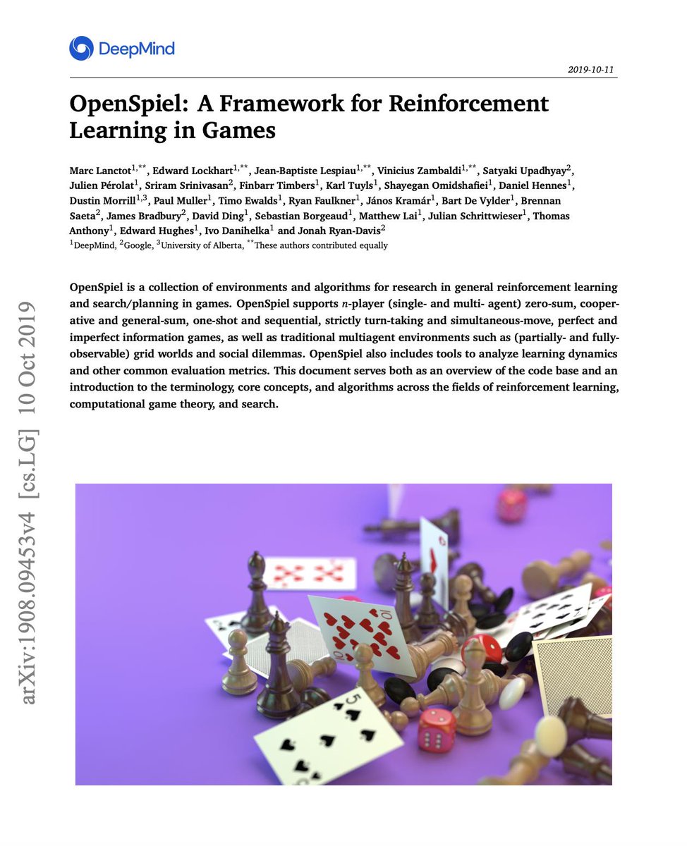 DynamicWebPaige's tweet photo. β οΈβ£οΈβ₯οΈβ¦οΈ So excited to see @DeepMindAI's #OpenSpiel paper released, and congratulations to @bsaeta et al!
https://t.co/zYDC3o30DZ
"OpenSpiel is a collection of environments and algorithms for research in general reinforcement learning
and search/planning in games." https://t.co/9IkCGxJNmO