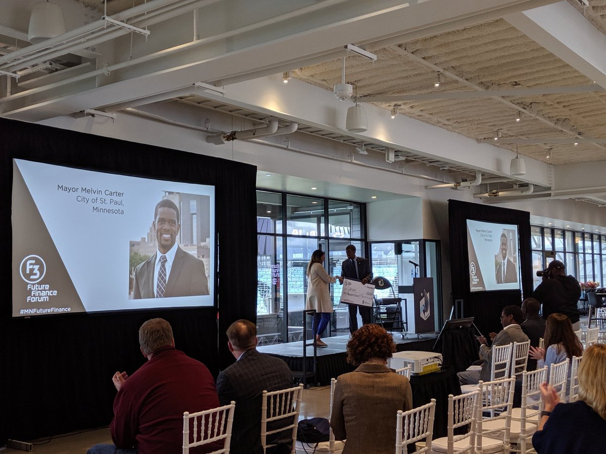 maryGrove's tweet photo. Congratulations @GoCapWay, this year's winner of the #MNFutureFinance pitch competition! Tackling the access issue for unbanked and underbanked Americans. @MayorCarter presents the $10K check. #forgenorth https://t.co/hp8ye7WZKv
