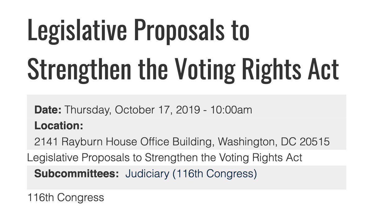 Announcement for next week's hearing titled "Legislative Proposals to Strengthen the Voting Rights Act"
Date: Thursday, October 17, 2019 - 10:00am
Location: 2141 Rayburn House Office Building, Washington, DC 20515