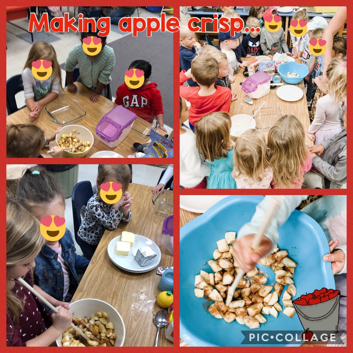 MrsRFreitas's tweet photo. Another fun day in Kindy @CobblestoneES with apples!  Apple painting, tasting and we even made Apple Crisp! Yummm! @GEDSB 🍎 🍏 #fall #handsonlearning https://t.co/mnvC2Xrd9B