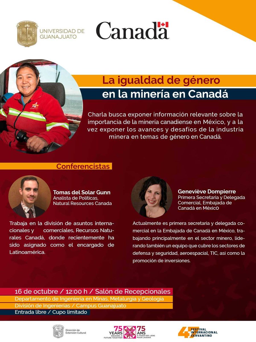 CulturaUG's tweet photo. Te esperamos en la charla "La igualdad de género en la minería en Canadá" que se realizará el próximo 16 de octubre en el Salón de Recepcional del Departamento de Minas, Metalurgia y Geología. 

#ExtensionUGTO https://t.co/xiqtB9MnKr