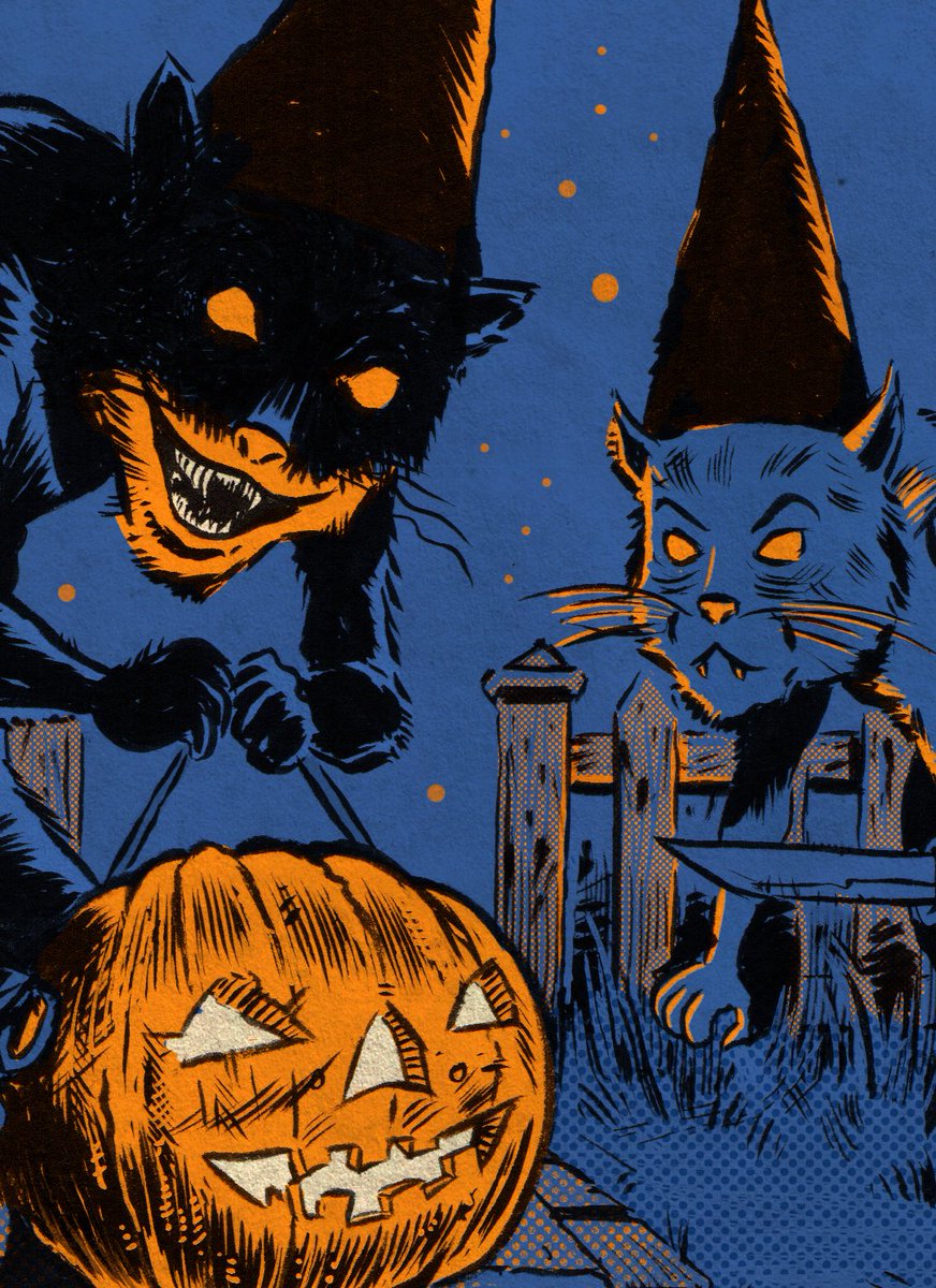 AstroDiabloHQ's tweet photo. Victorian cats in pointy hats?
Carrying Jack o'lanterns?
Down the garden path??
Halloween cards out now-
https://t.co/q27gbFPInI
#Halloween #Cats #Horror #Magick #GreetingCard #HalloweenCard #HorrorArt #HorrorIllustration #Retro #Victoriana #BewareTheAutumnPeople #Sheffield https://t.co/4RnW0fOrjD