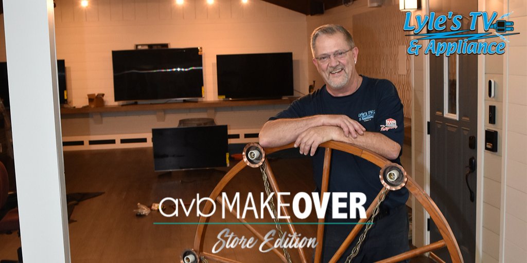 BrandSource's tweet photo. Rock Me Mama Like a Wagon Wheel-Tom Schinke of @LylesTV in Elkhorn WI wrapping up his store-makeover. The makeover was completed Monday culminating in an amazing transformation. Stay tuned for more pictures and video. #StoreMakeover #Transformation https://t.co/UFgHbKpQQe
