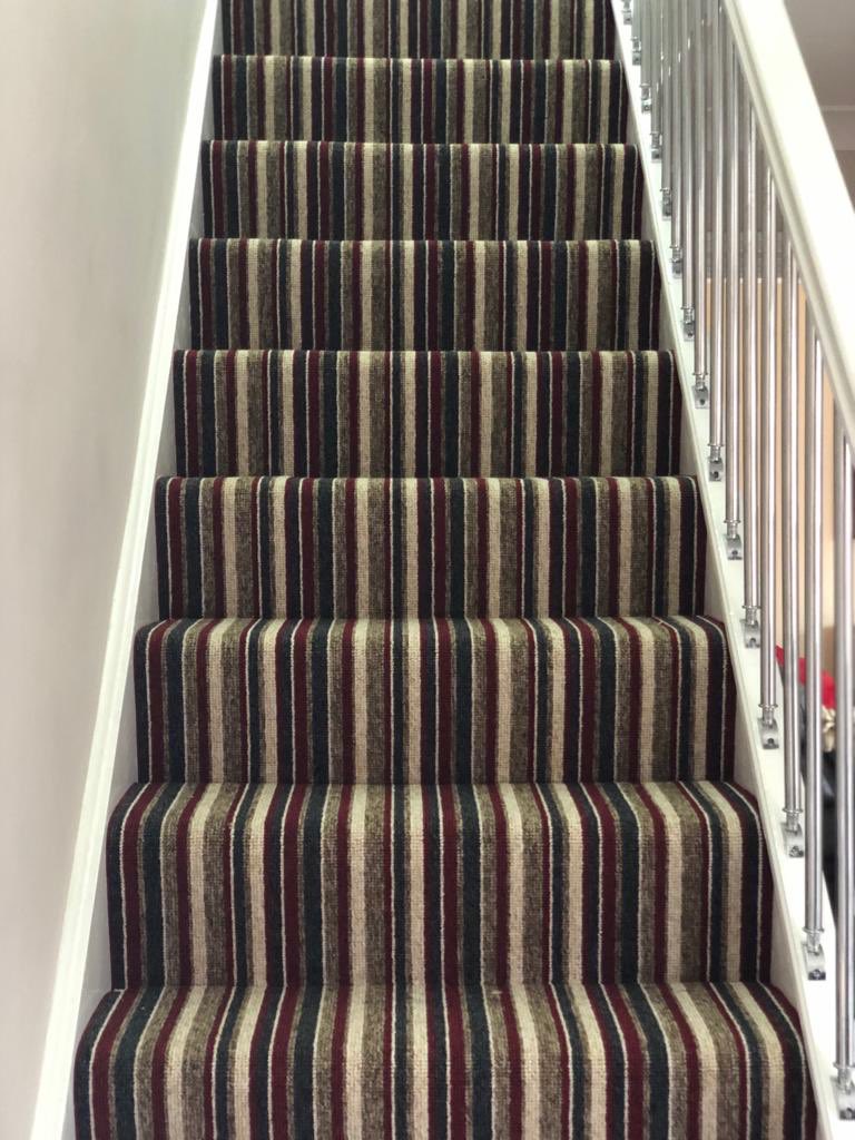 FlooringRed's tweet photo. Make a stylist statement with a stripe carpet, we love this stairs and landing carpet that was installed today by our team. #stripecarpet #somethingdifferent #carpet #flooringideas #redflooringdesigns #winghamvillage #welovewhatwedo https://t.co/GwUxoxaHQ6