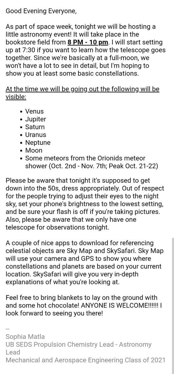 ubseds's tweet photo. #ASTRONOMY WOOOOOOO 🌟⭐🌠 The last event for #spaceweek is a small astronomy event! Anyone is welcome to come. Relax and look at the stars with us!!! See you there, 8pm - 10pm in the bookstore field 🌌🕗🔭 @UBCommunity @UBengineering https://t.co/BAUHlFjHiA