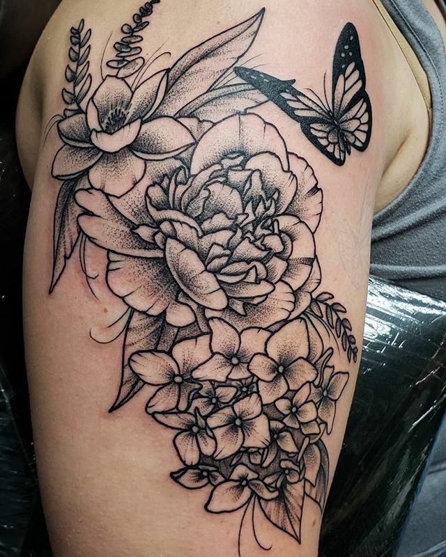 Flower And Butterfly Tattoos On Shoulder