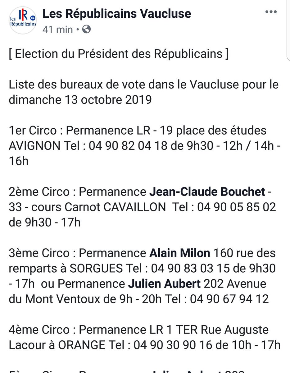 Republicains_84's tweet photo. [ Élection du Président de @lesRepublicains ] 

Retrouvez ci-dessous la liste des bureaux de vote dans notre département.  Bon vote à tous. 

 #PrésidenceLR #LR84 #Vaucluse https://t.co/RzrIbh9Pcd