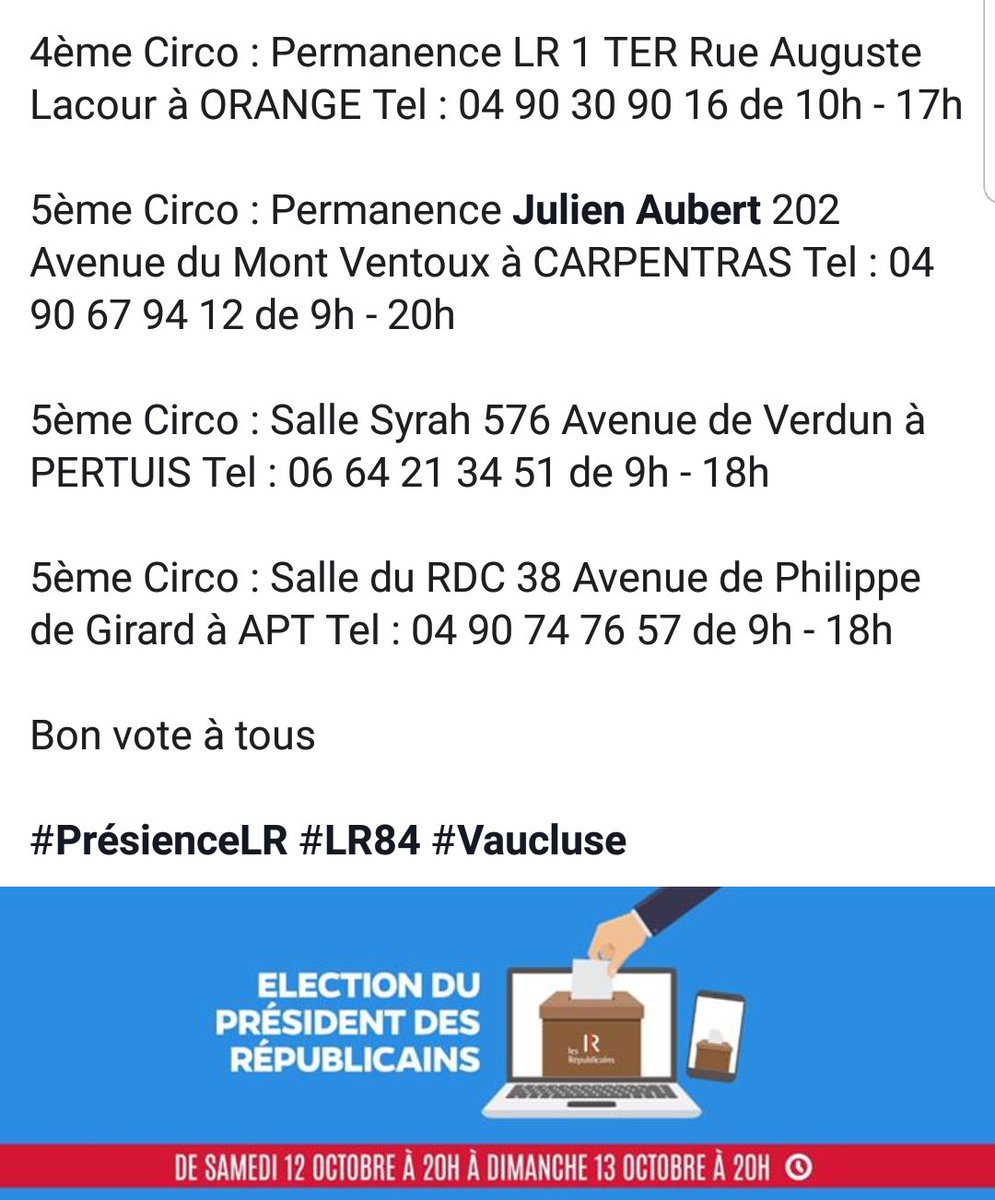 Republicains_84's tweet photo. [ Élection du Président de @lesRepublicains ] 

Retrouvez ci-dessous la liste des bureaux de vote dans notre département.  Bon vote à tous. 

 #PrésidenceLR #LR84 #Vaucluse https://t.co/RzrIbh9Pcd