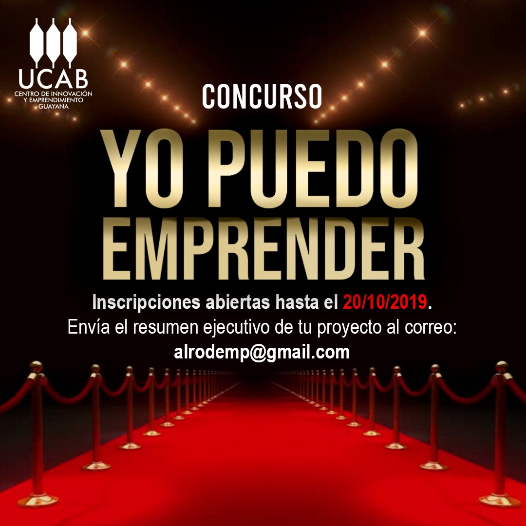 UcabGuayana's tweet photo. ¡Anímate! Se extendió el plazo de inscripción del concurso #YoPuedoEmprender del @cieucabg. Tienes hasta el #20Oct para enviar un resumen ejecutivo de tu proyecto. https://t.co/eH3VrPaE8j