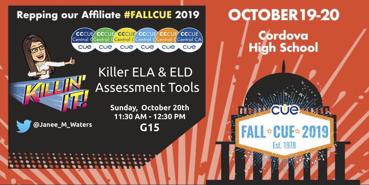 Looking for some new killer tools to put in that ELA &amp; ELD assessment tool belt?  Well, you are in luck! Go check out <a href="/Janee_M_Waters/">Janée Montelongo Waters</a> session at #FallCUE! event.crowdcompass.com/fallcue19/acti… #WeAreCUE #WeAreCCCUE @cueinc